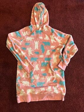 Cozy Pink Hooded Teddy-Print Pullover Dress